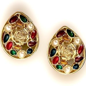 Vintage Metal Rose Jewel Tone Enamel Pearl Goldtone Teardrop Clip Earrings
